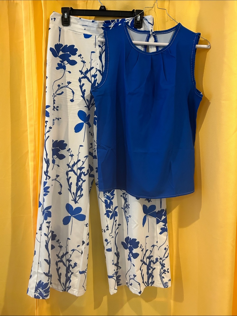 Blue Floral Wide-Leg Pants with Royal Blue Sleeveless Top